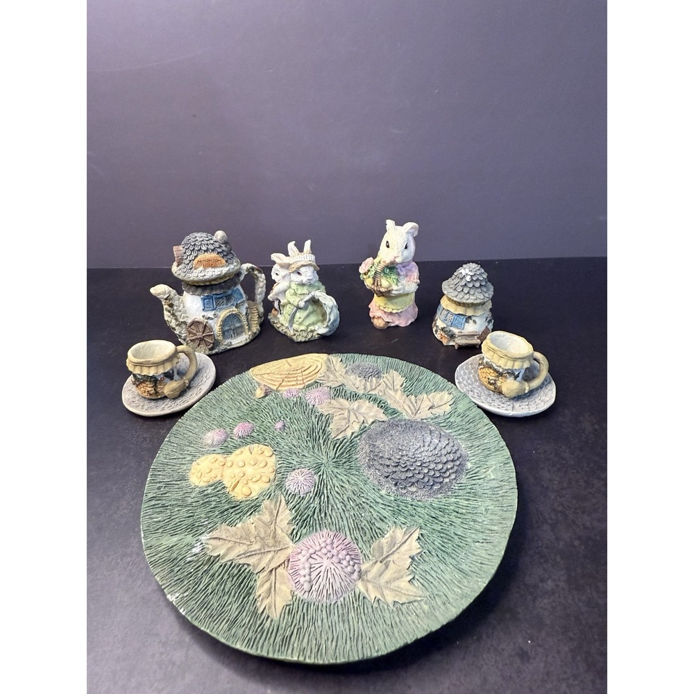 Miniature Tea Set Mini Figures Teapot House Cups Plates Sugar Dish Decor 9 Pc
